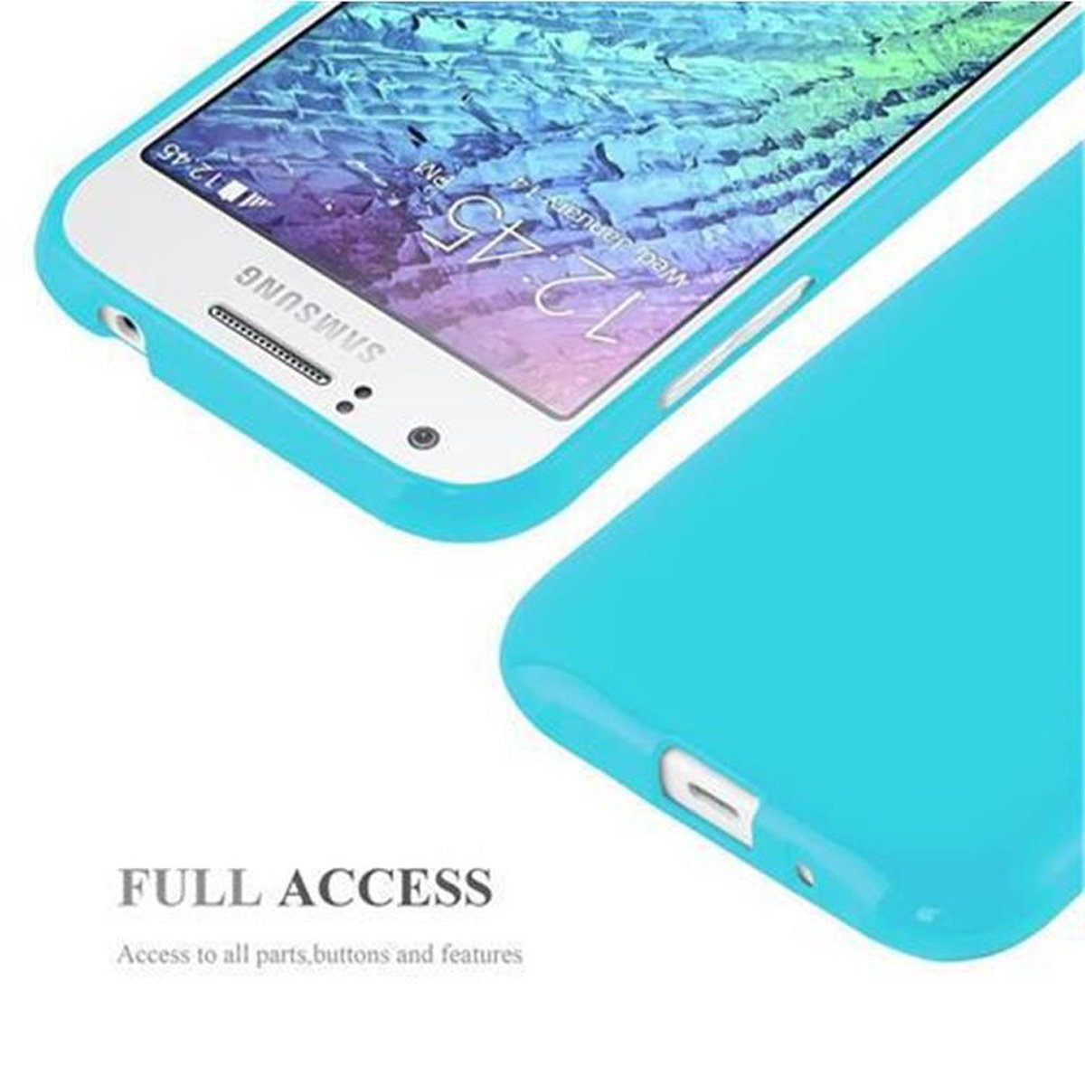 Una custodia per telefono blu con un telefono e la scritta 'Accesso completo', su uno sfondo bianco.