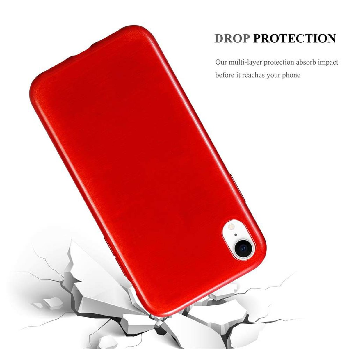 Custodia per telefono rossa che cade, incrinando la superficie sottostante. Il testo dice 'DROP PROTECTION'. Sfondo bianco.