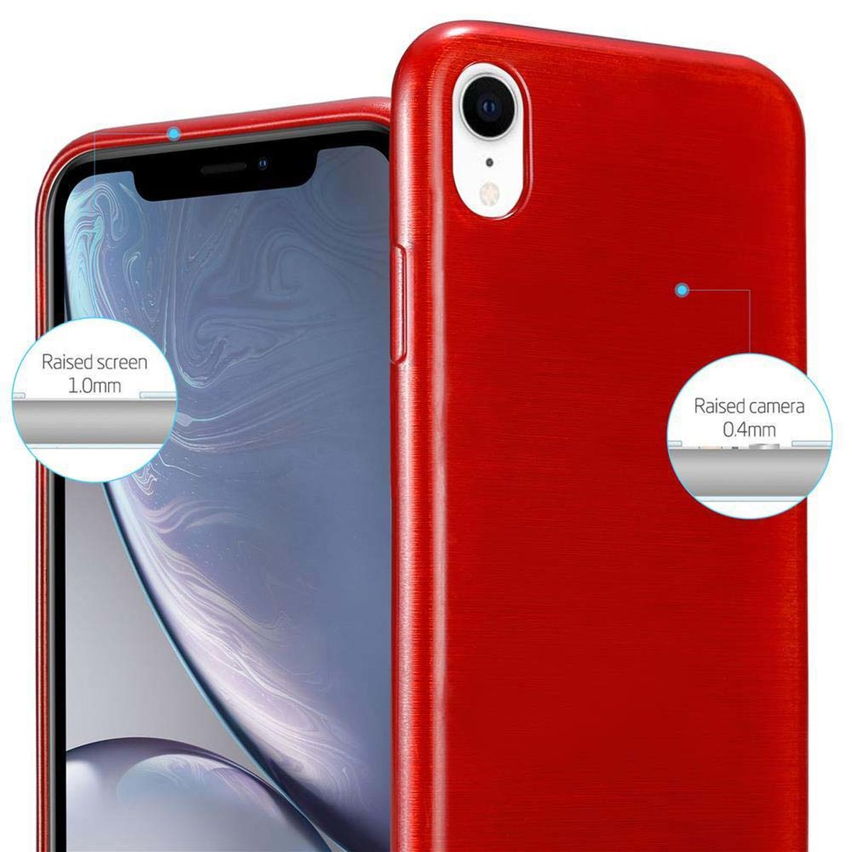 Custodia per telefono rossa che mostra la protezione rialzata dello schermo e della fotocamera. La custodia è su sfondo bianco.