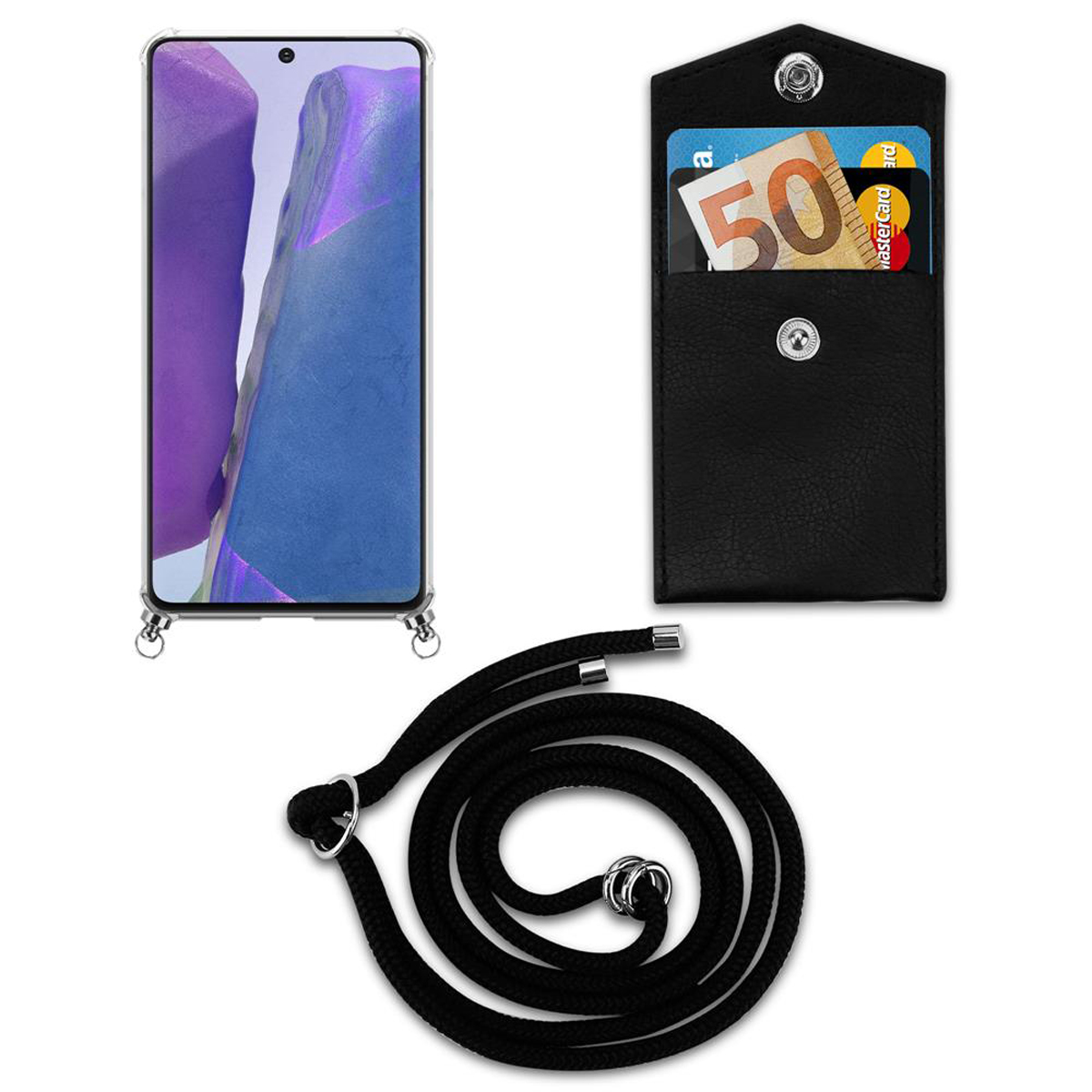 Un telefono e carte di credito sono in una custodia nera. Un cordino nero è accanto alla custodia.