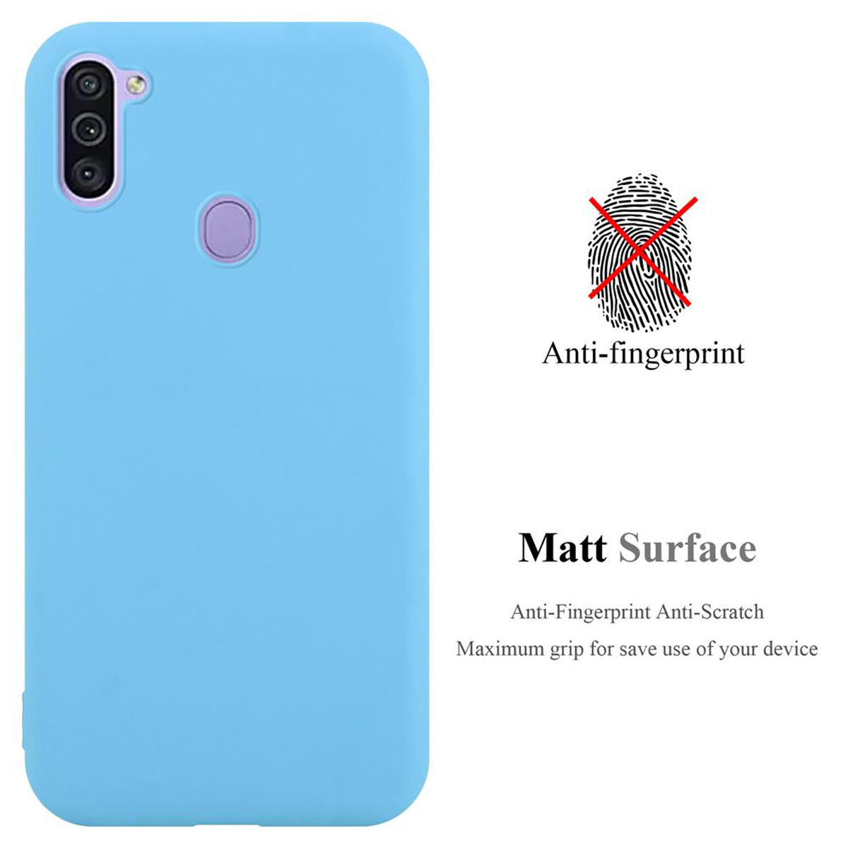 Una custodia per telefono blu chiaro con testo sull'antimpronta e superficie opaca. Sfondo bianco.