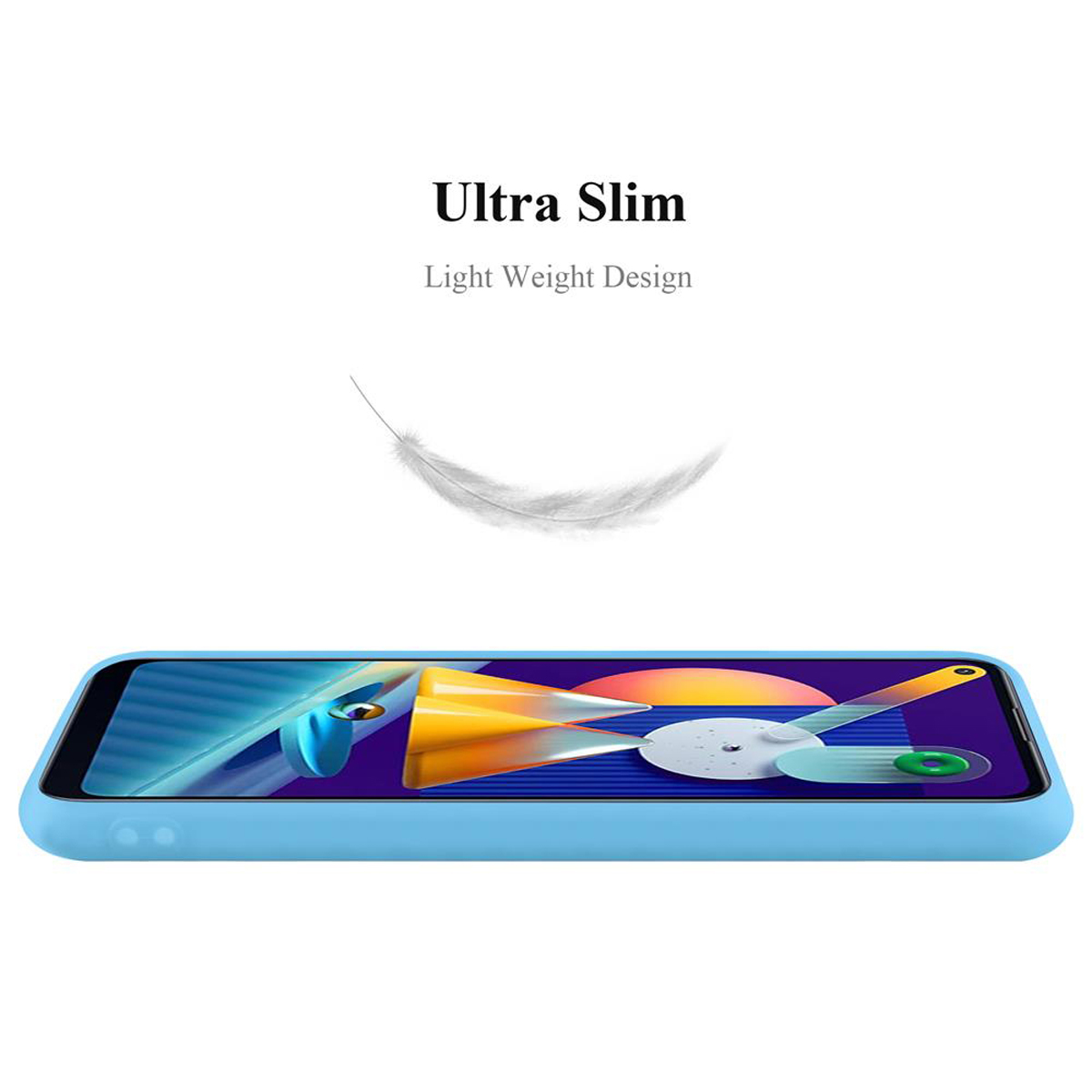 Custodia blu per telefono con una piuma fluttuante. È un design sottile.