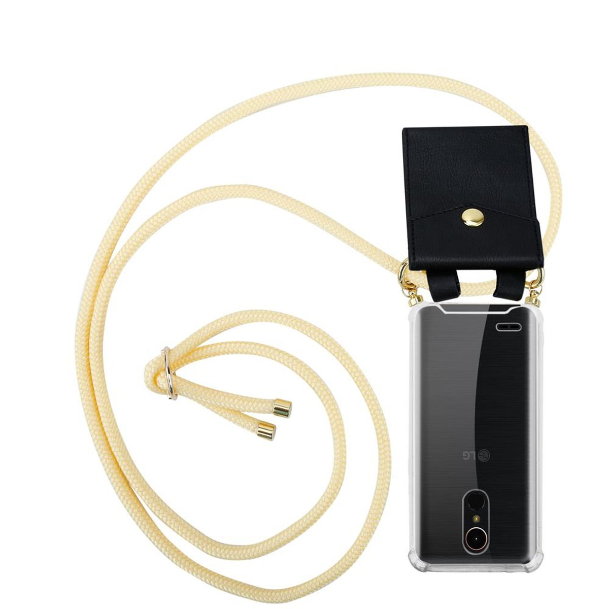 Cremefarbenes Seil-Telefonetui. Schwarzes Etui oben. Schwarzes Telefon sichtbar.