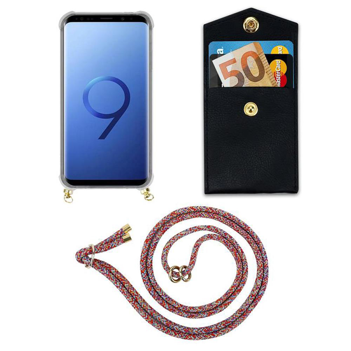 Smartphone und schwarze Brieftaschen-Handyhülle mit Lanyard. Geldbörse hat Karten. Lanyard ist rot und mehrfarbig.