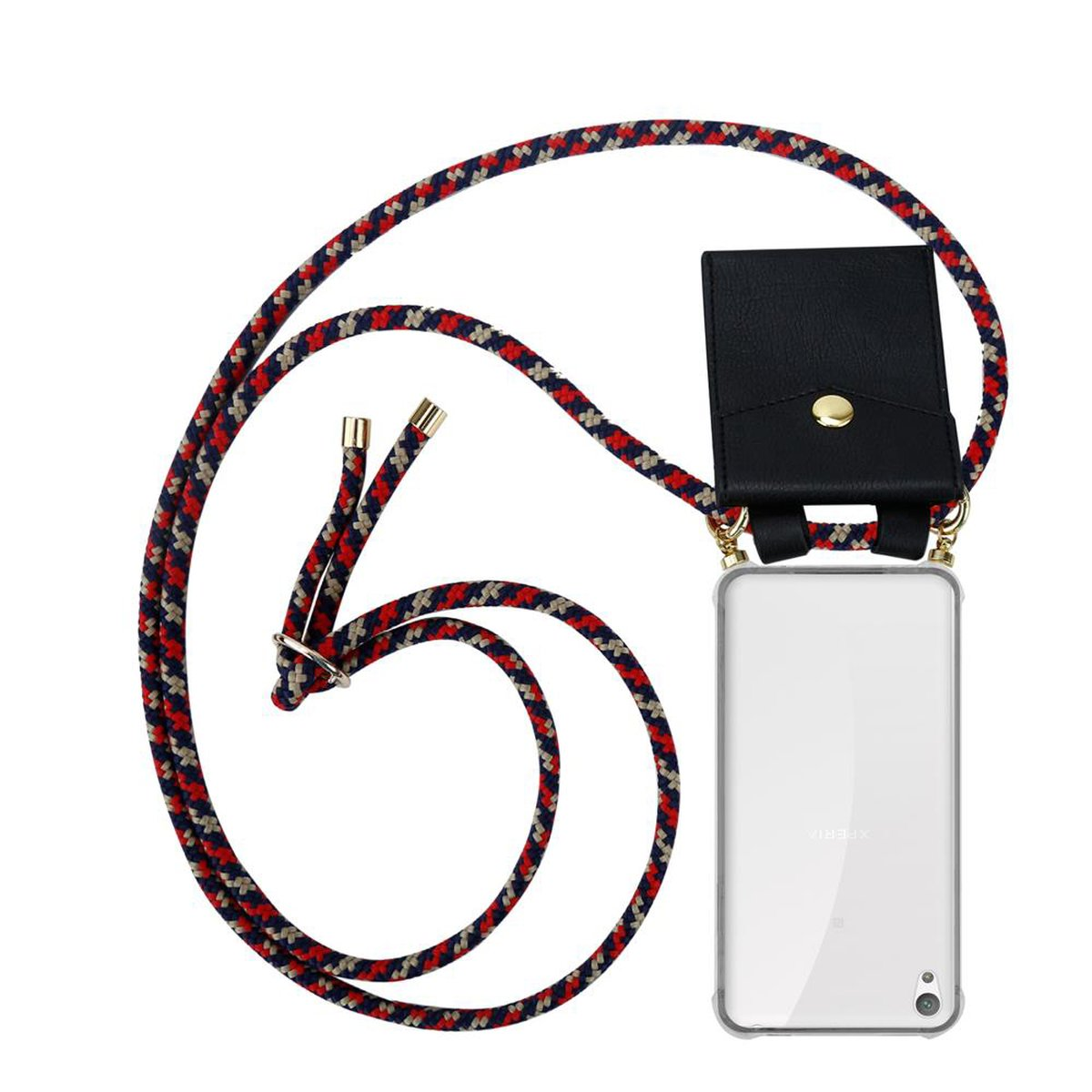 Handyhülle mit rot, blau und beigem Kabel. Schwarzer Halter. Telefon ist sichtbar. Weißer Hintergrund.