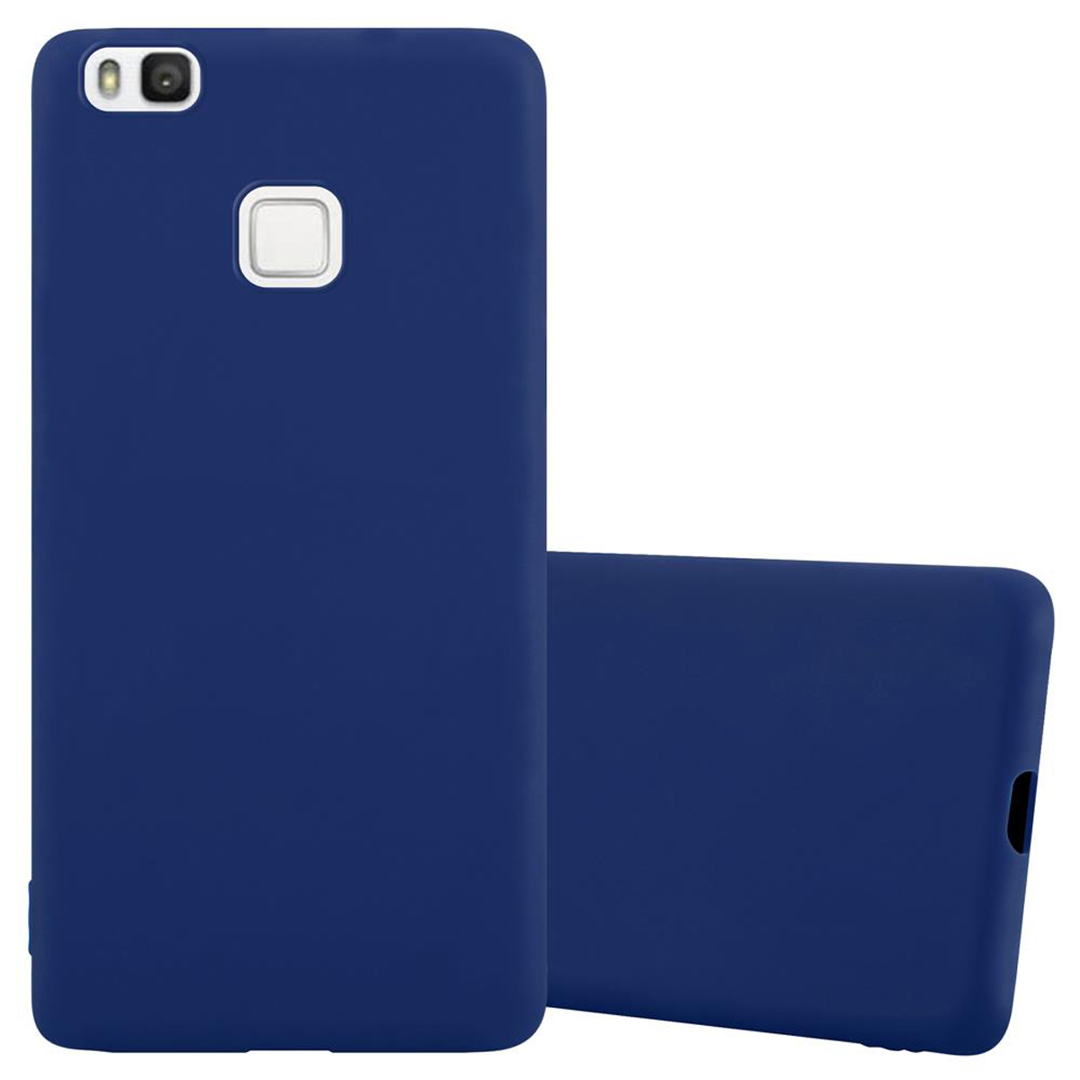 Dos fundas de teléfono azul oscuro, una vertical y otra de lado, sobre fondo blanco.