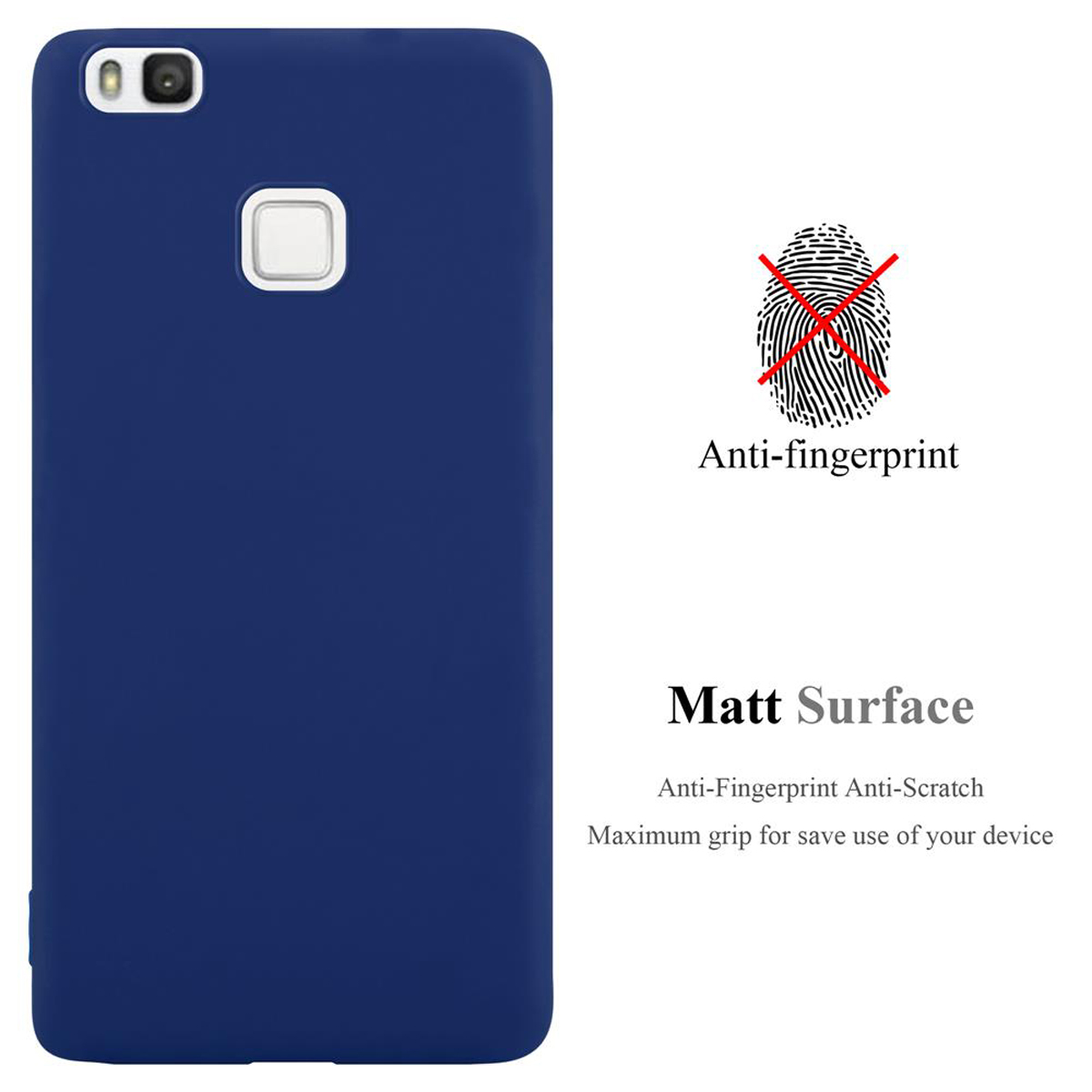 Funda de teléfono azul con fondo blanco. Las palabras "Anti-huellas", "Superficie mate" son visibles.