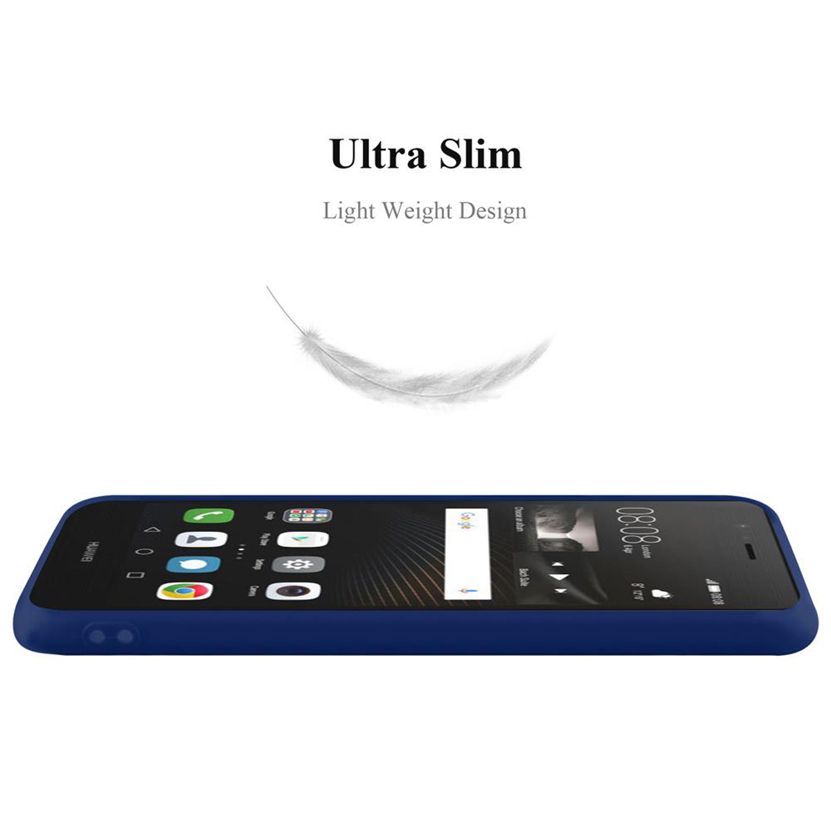 Funda de teléfono azul con teléfono. Fondo blanco con texto y una pluma flotante.