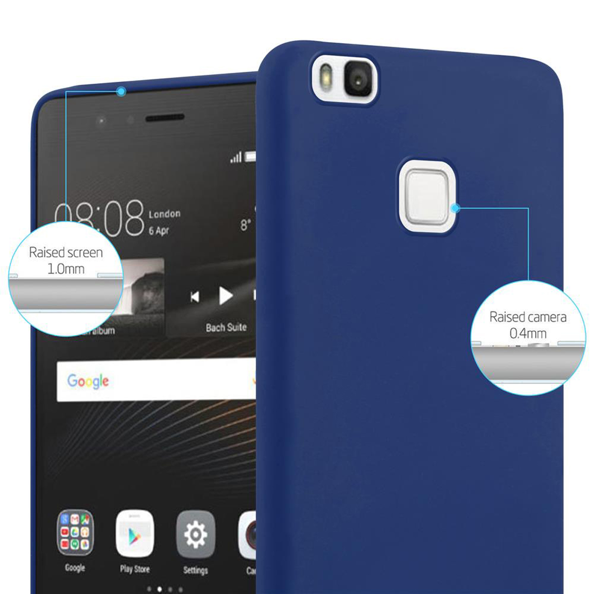 Un teléfono en una funda azul. Hay áreas elevadas alrededor de la pantalla y la cámara.