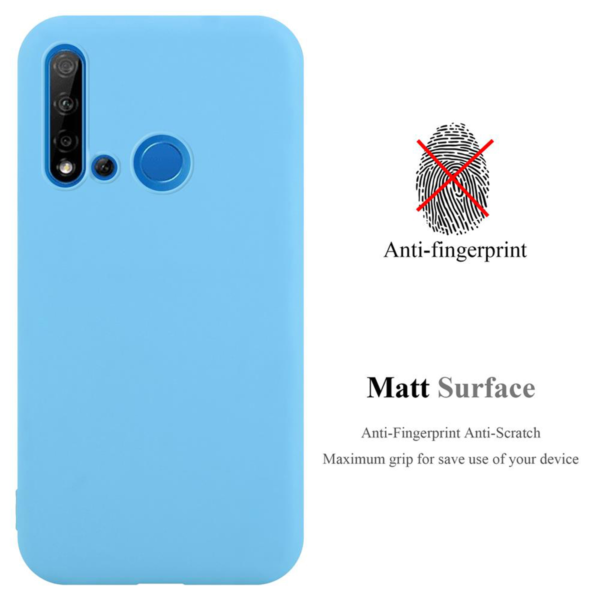 Custodia per telefono azzurra. Il testo menziona anti-impronte e una superficie opaca. Un'icona di impronta digitale è sbarrata.