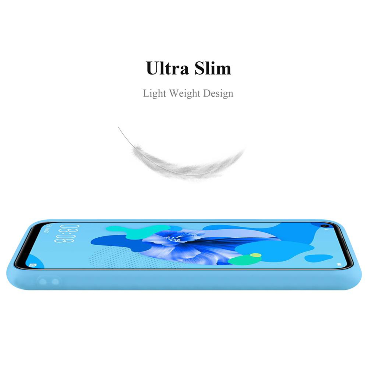 Una custodia blu per telefono è mostrata da una vista laterale. Una piuma fluttua sopra. Lo schermo mostra 08:08.