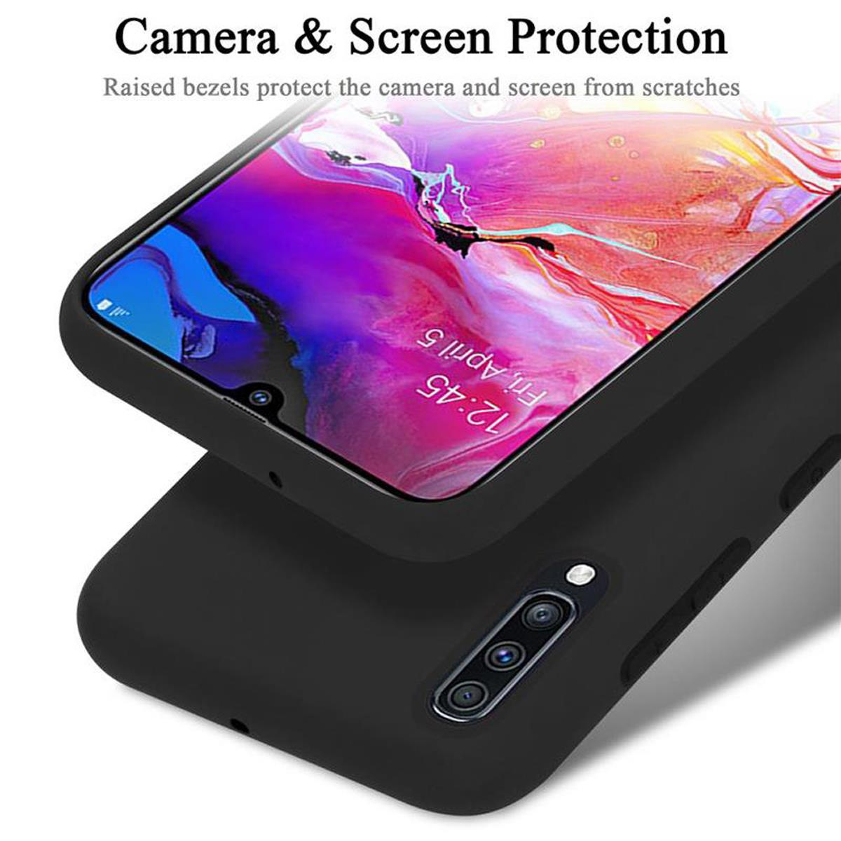 Schwarze Handyhülle mit Bildschirm & Kamera. Erhöhte Ränder schützen das Telefon. Text: Schutz.