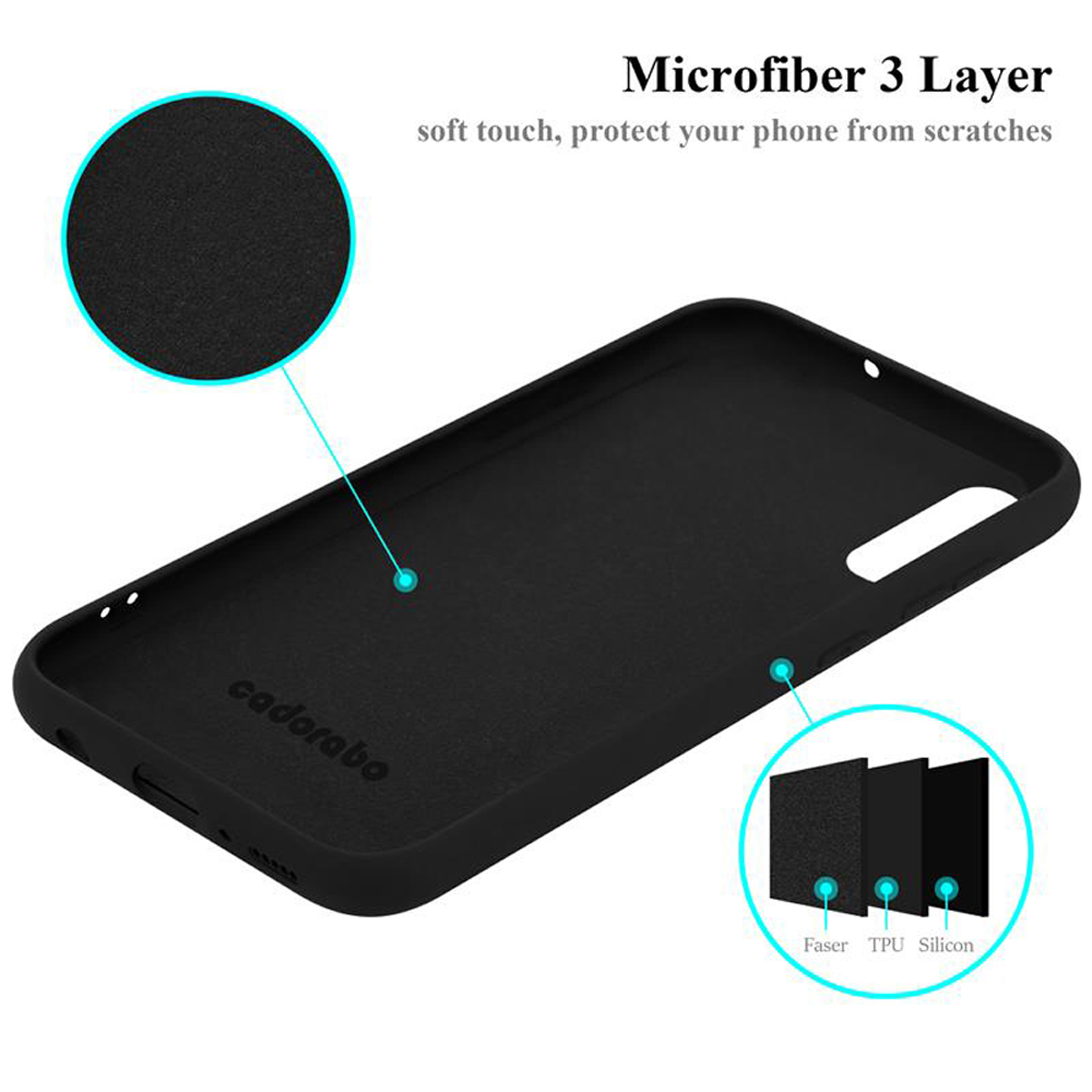 Schwarze Handyhülleninnenseite mit Text und beschrifteten Schichten. Der Text lautet 'Microfiber 3 Layer' und 'cadorabo'.