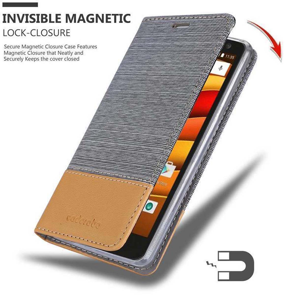 Custodia per telefono, aperta, che mostra uno schermo del telefono, con una chiusura magnetica. Il marchio è 'cadorabo'.