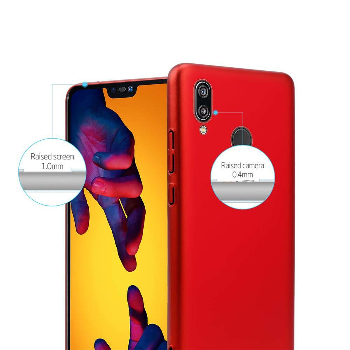 Una custodia per telefono rossa con un telefono rosso. Mostra lo schermo e la fotocamera rialzati.
