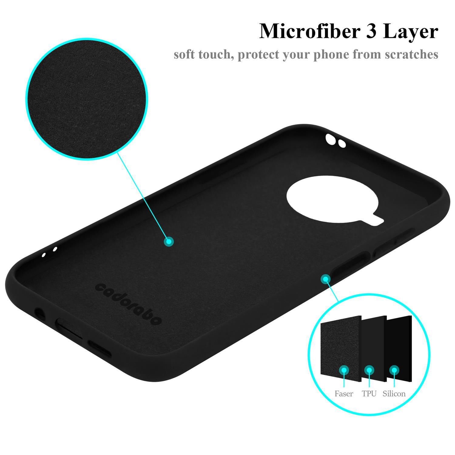 Schwarze Handyhülle mit drei Schichten, jede beschriftet. Text: Microfaser 3 Schicht.