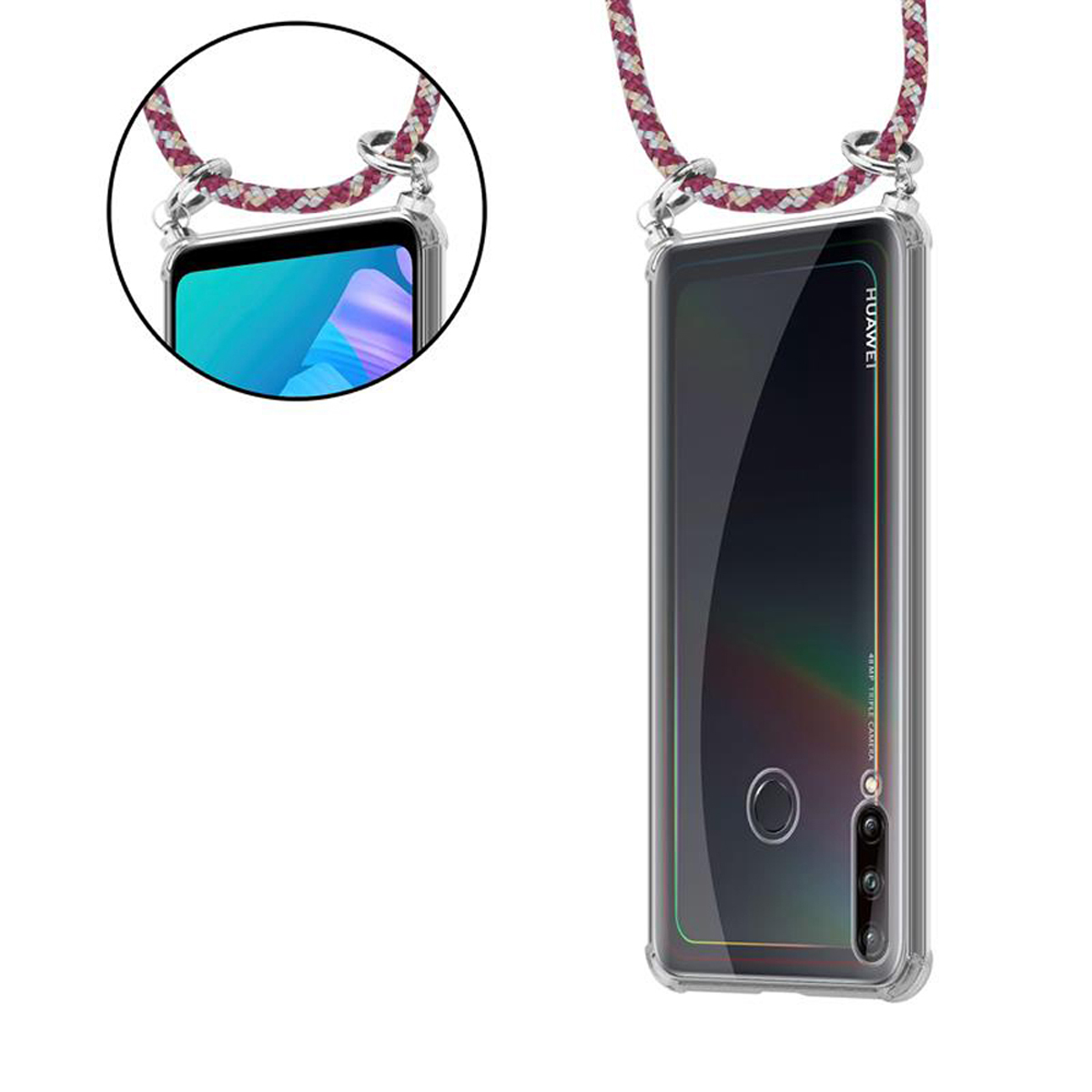 CADORABO Handy GELB Huawei, Ringen, abnehmbarer P40 Hülle, Kordel und Backcover, mit ROT Band Silber LITE E, WEIß Kette