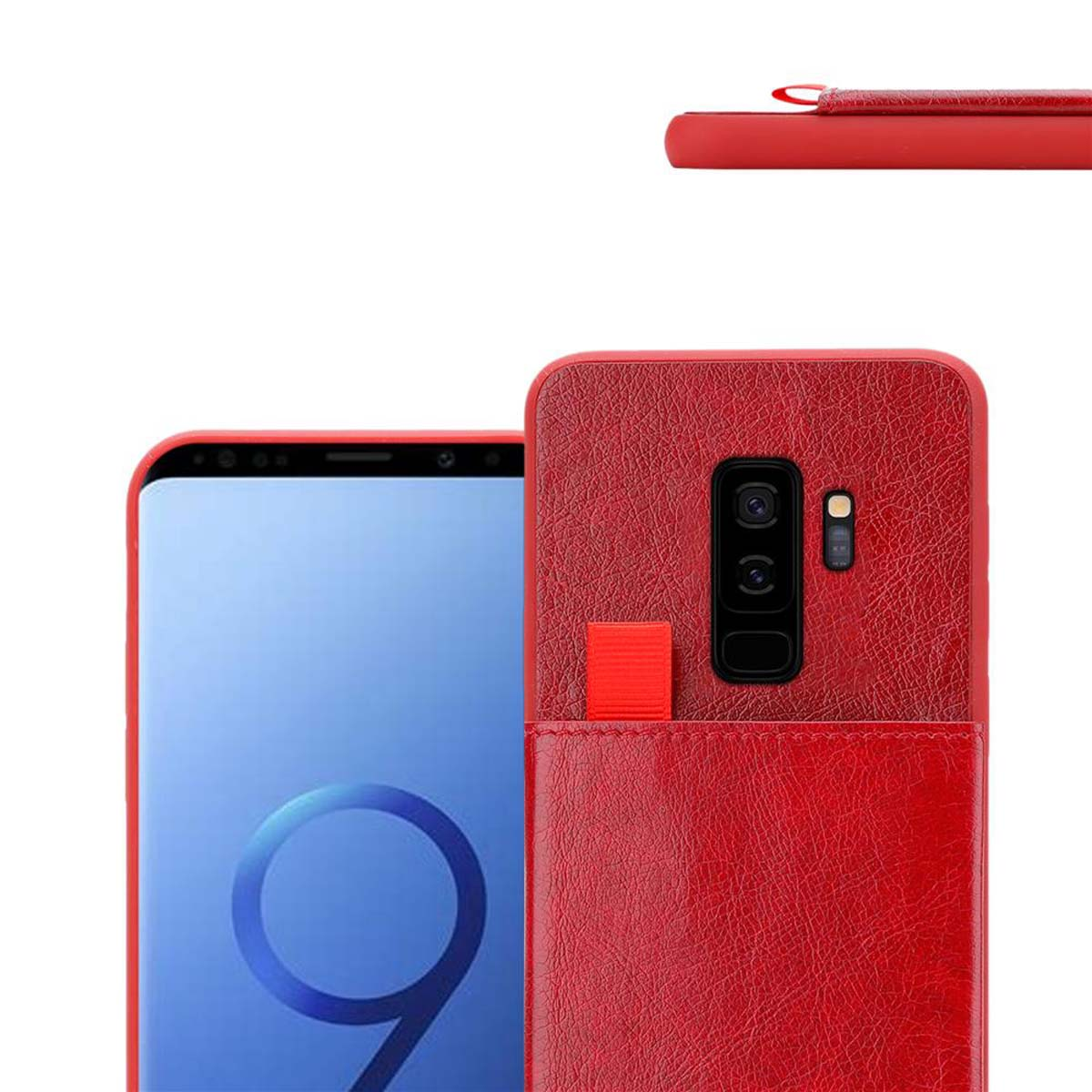 Una custodia per telefono rossa con un portafoglio rosso attaccato. Il telefono è rosso. Lo sfondo è chiaro.