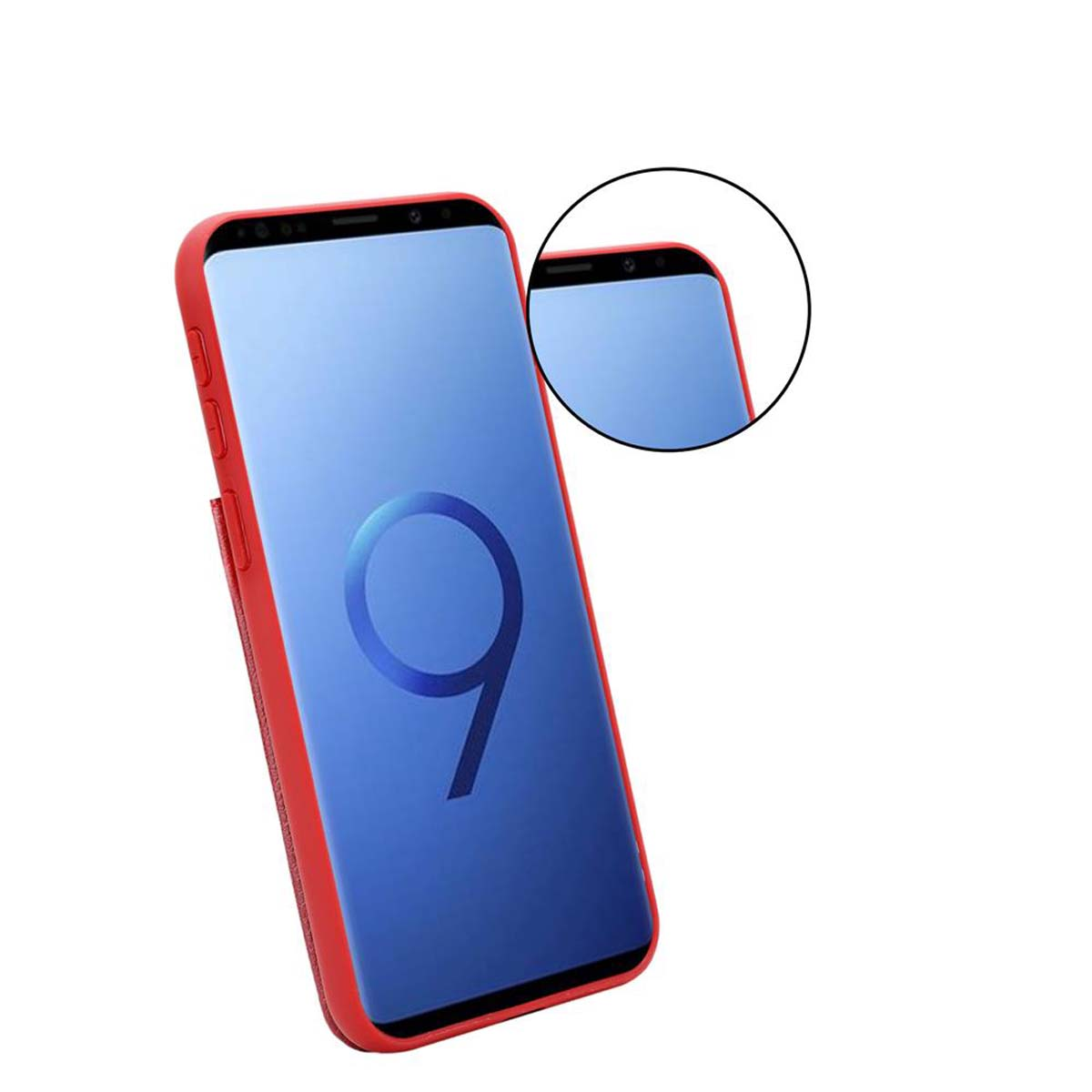 Custodia rossa per telefono su bianco. Il telefono ha schermo blu con un grande 9. Viene mostrata anche una vista ingrandita.