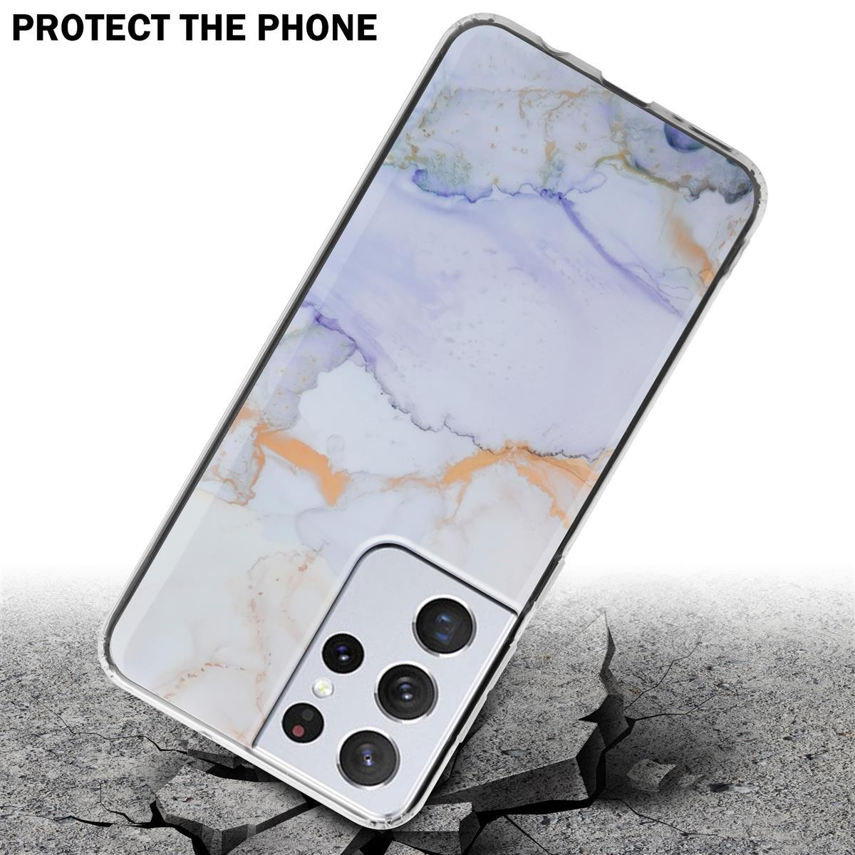 Custodia per telefono con design a marmo, posta su un pavimento di cemento crepato. Il testo dice proteggi.