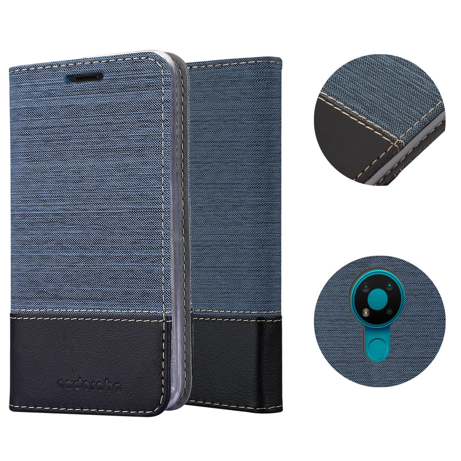 Una custodia per telefono blu e nera con un design strutturato. La custodia è aperta.
