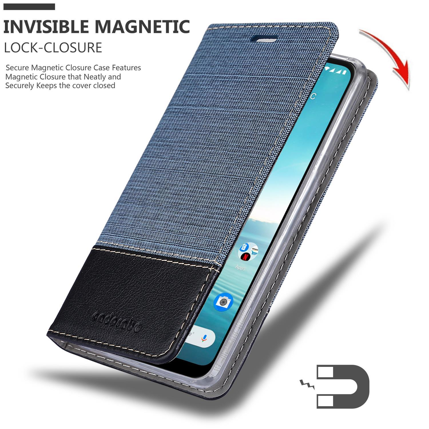 Custodia per telefono in jeans blu con pelle nera, aperta. Schermo del telefono visibile, chiusura magnetica. Sovrapposizione di testo.