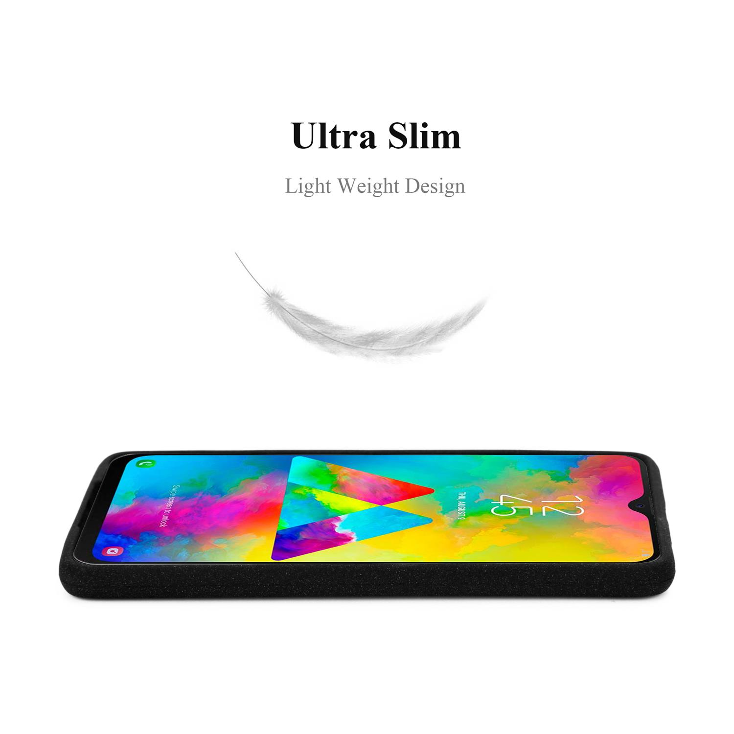 Una custodia per telefono su una superficie bianca. Il testo dice 'Ultra Slim' e 'Design leggero'. Una piuma fluttua.