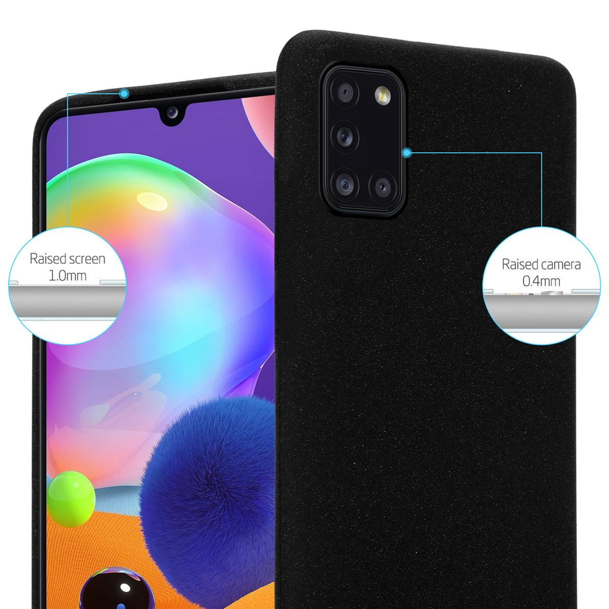 Custodia nera per telefono che mostra lo schermo e la fotocamera rialzati. Il testo indica schermo rialzato 1,0 mm e fotocamera 0,4 mm.