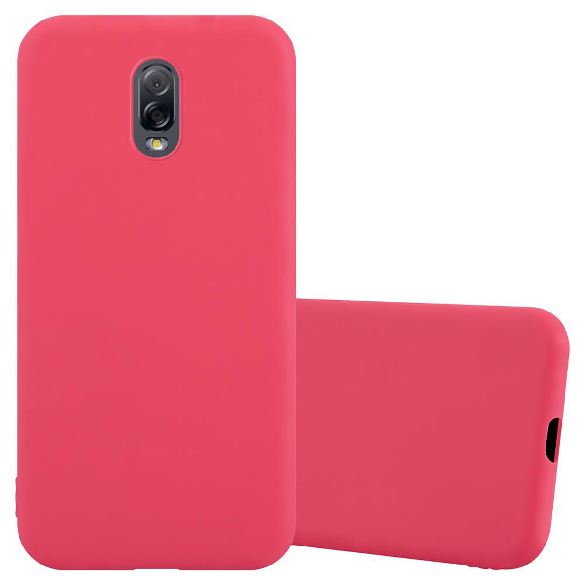 Fundas de teléfono rojas. Una de pie y otra acostada. Fondo blanco.