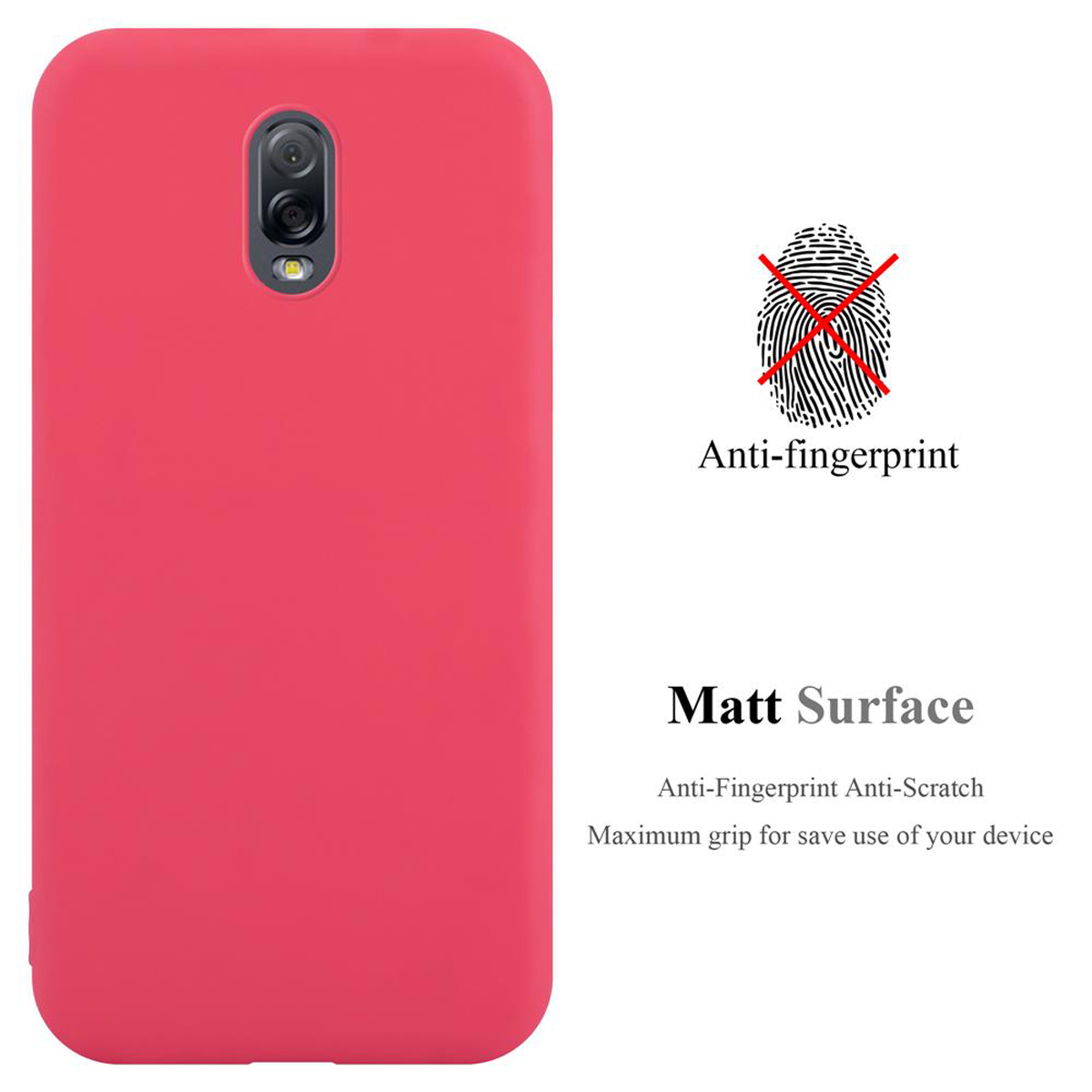 Funda de teléfono roja con texto anti-huellas. La funda del teléfono es roja con una superficie mate.