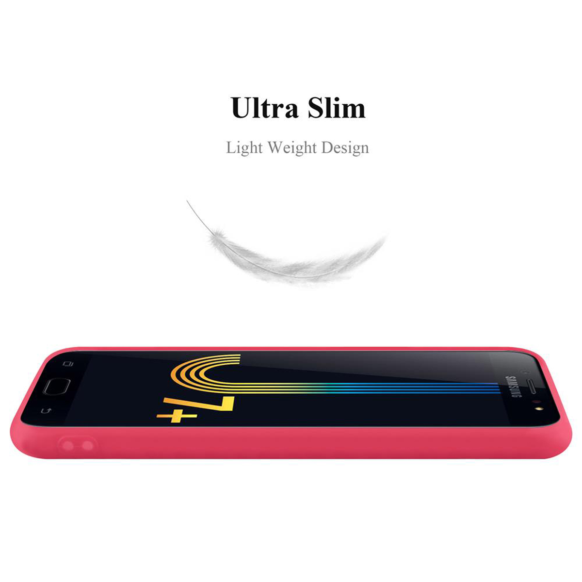 Una funda rosa para teléfono con un teléfono dentro. La funda es roja y tiene el texto 'Ultra Slim' y un gráfico de pluma.
