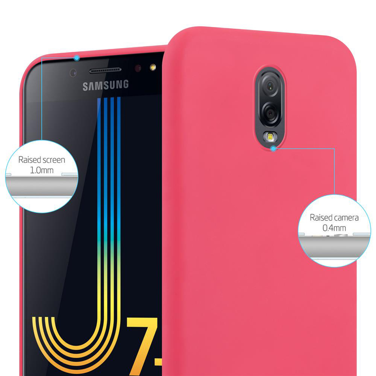 Una funda roja para teléfono en un teléfono negro. La pantalla y la cámara están marcadas, con el texto 'Pantalla elevada 1,0 mm' y 'Cámara elevada 0,4 mm'.