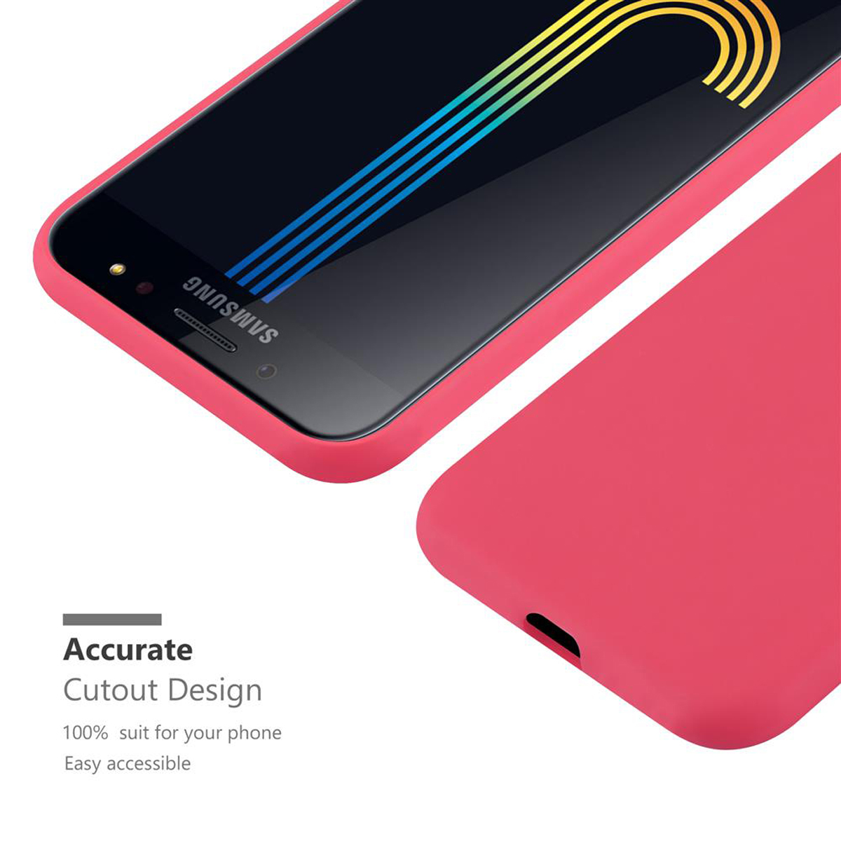Teléfono con funda roja. Texto: Diseño de recorte preciso.