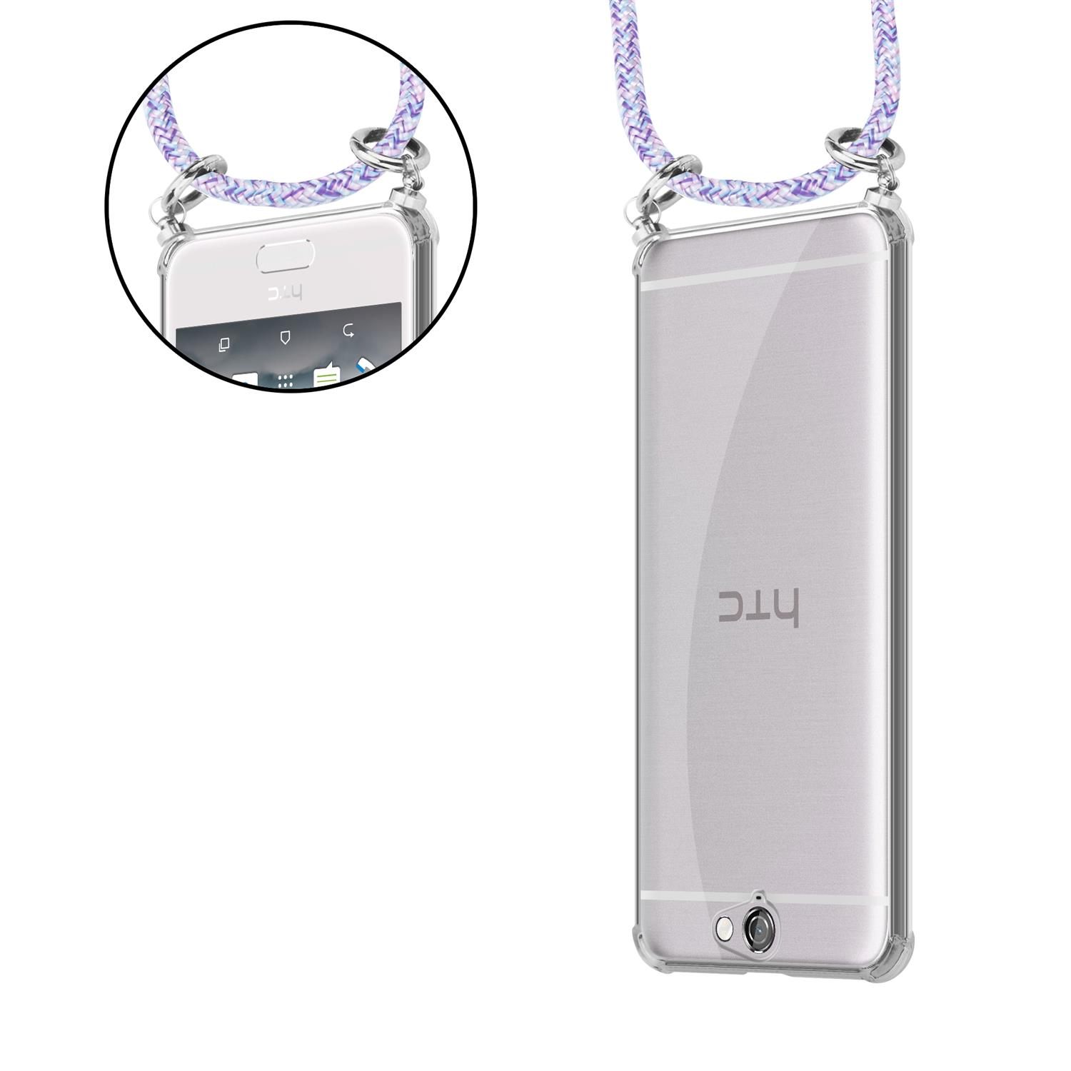 Transparente Handyhülle mit lila Kordel. Das Telefon ist sichtbar. Detailansicht zeigt die Kordelbefestigung.