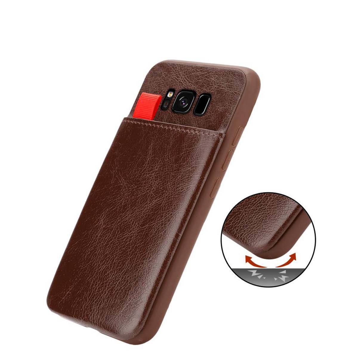 Custodia per telefono in pelle marrone con fessura per carte. Linguetta rossa. Cerchio con dettagli.