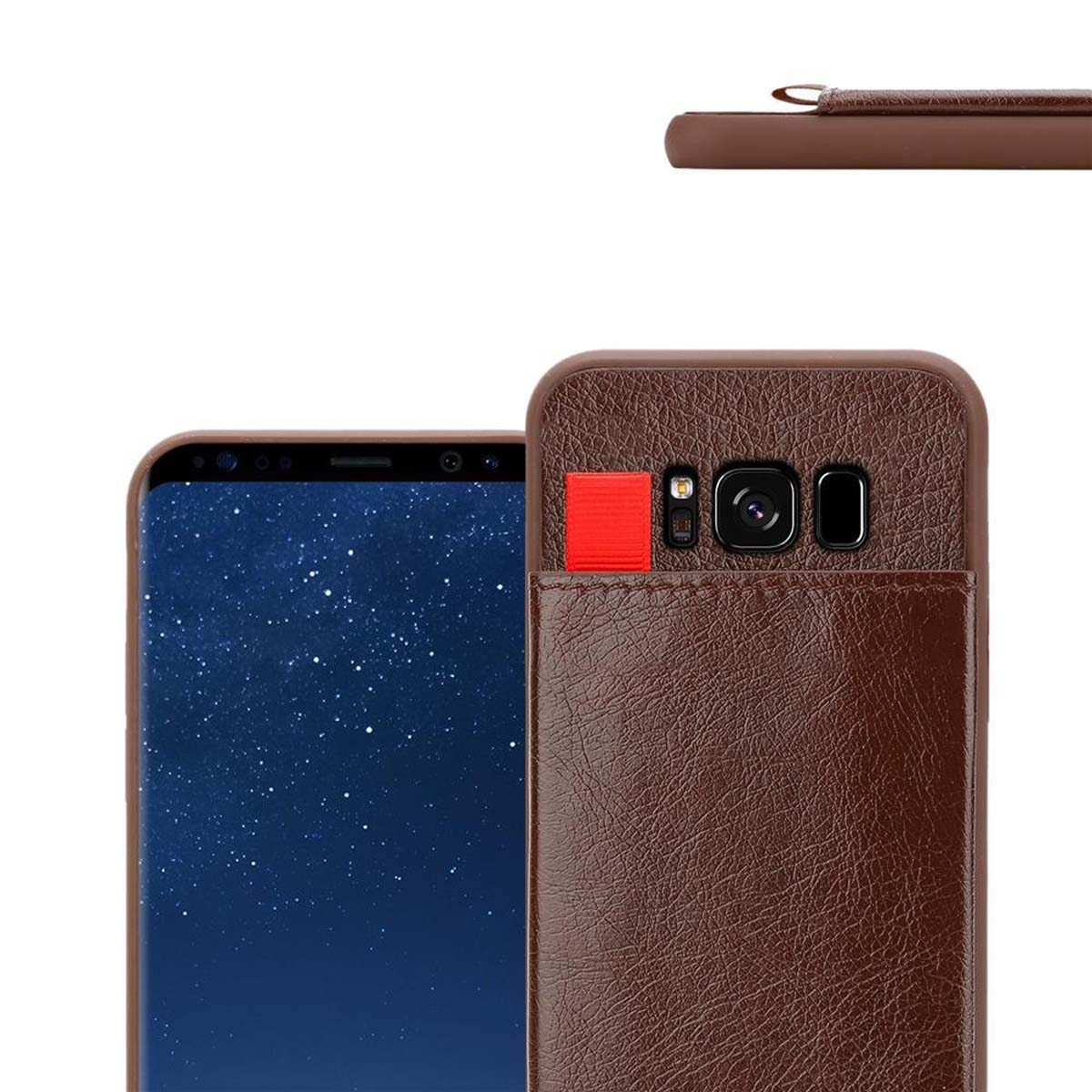 Una custodia per telefono marrone con uno slot per carte e un telefono all'interno. Sfondo stellato blu scuro.