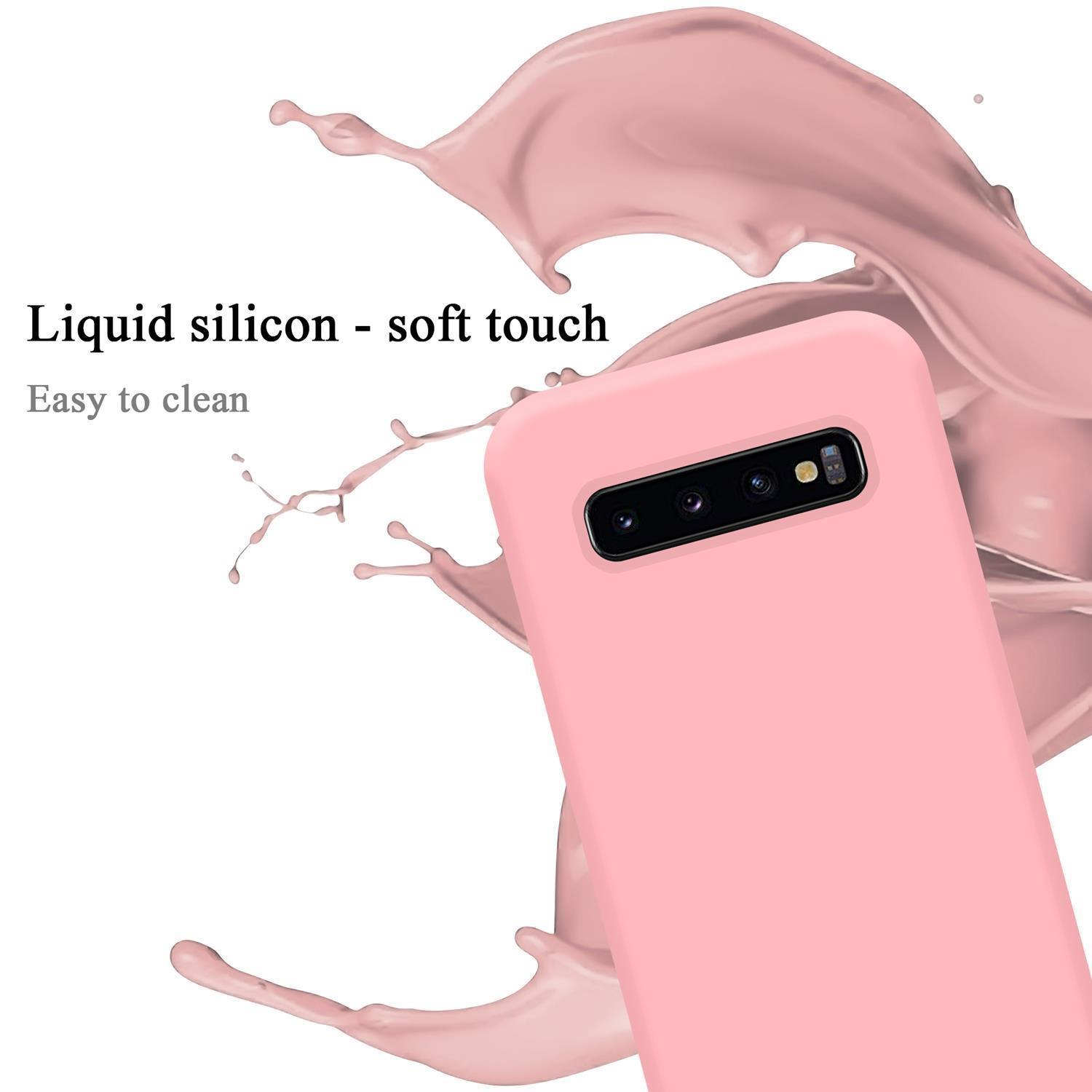 Custodia per telefono rosa con effetto spruzzo. La custodia è su un telefono, con fotocamera nera. La scena è bianca.
