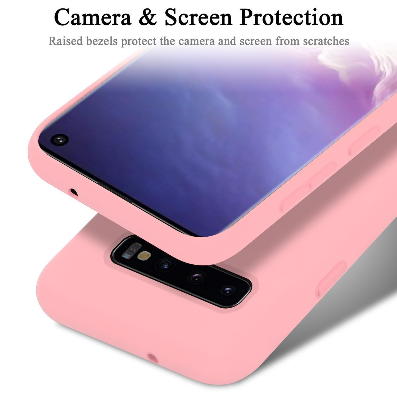 Custodia per telefono rosa con un telefono all'interno. Il testo dice, Protezione fotocamera e schermo.