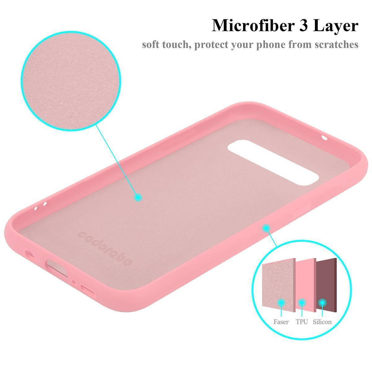 Custodia rosa per telefono, vista interna. Il testo recita: Microfibra a 3 strati. Vengono mostrati tre strati: Faser, TPU, Silicone.