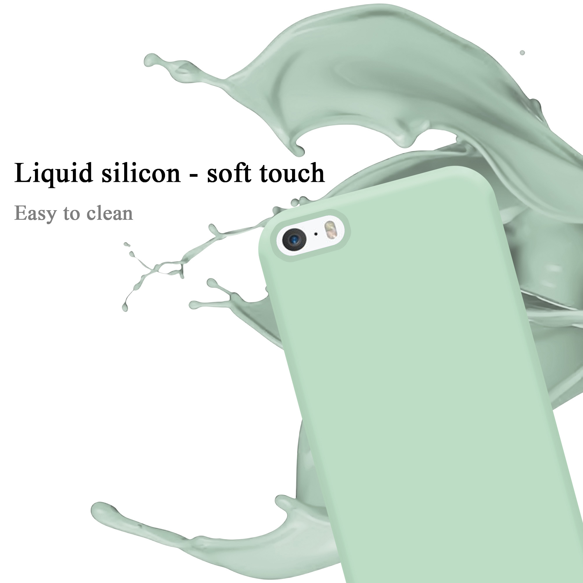 Grüne Handyhülle mit Spritzeffekt, Text 'Liquid Silicon' und weißem Hintergrund.
