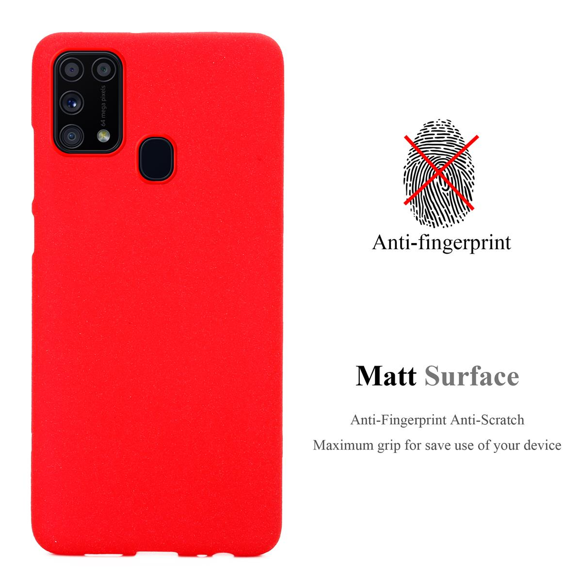 Custodia per telefono rossa con design anti-impronta e superficie opaca, con testo e simbolo dell'impronta digitale.