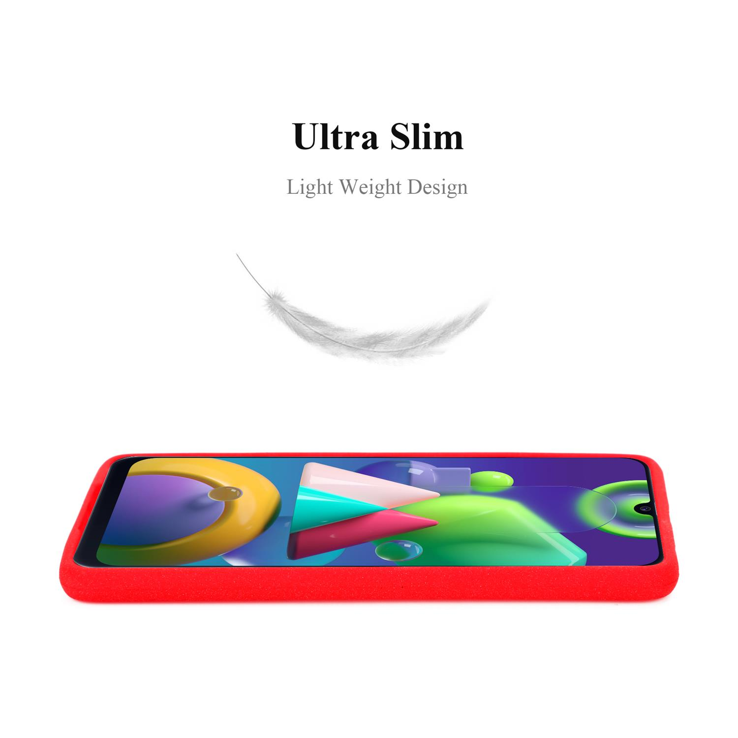 Custodia rossa per telefono con le parole 'Ultra Slim Light Weight Design' e una piuma.