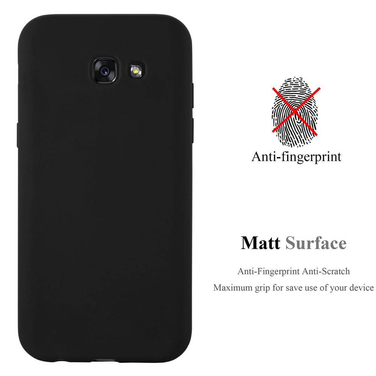 Custodia per telefono nera con le parole 'Anti-impronta' e 'Superficie opaca' su sfondo bianco.