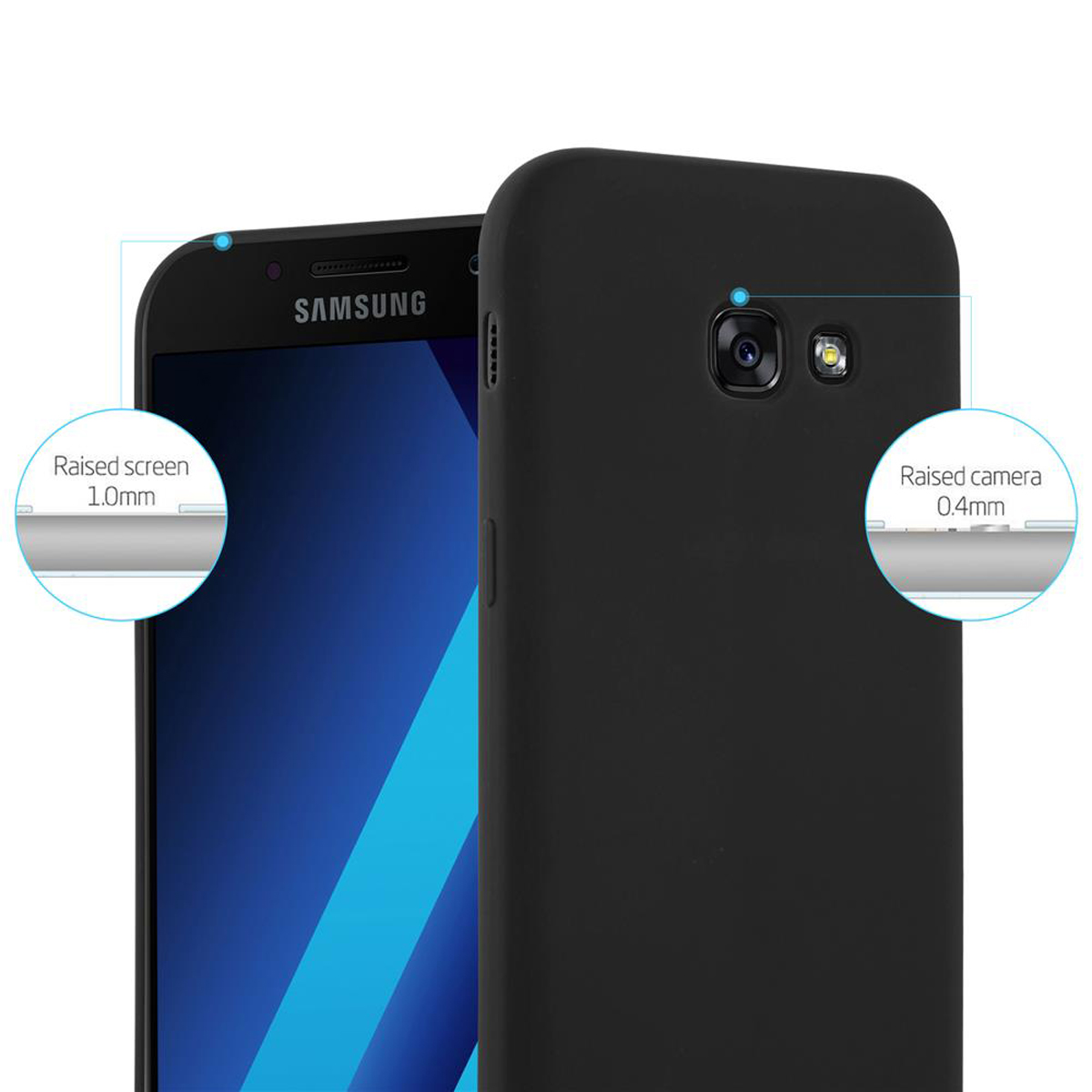 Custodia nera per telefono con un telefono Samsung. Lo schermo e la fotocamera sono evidenziati con dettagli rialzati dello schermo e della fotocamera.