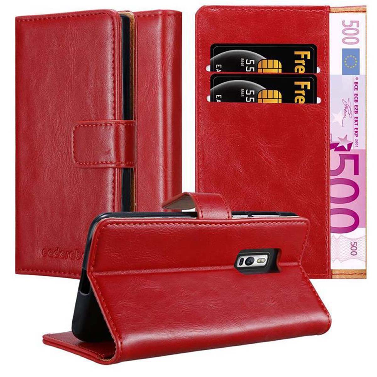 Portafoglio per telefono in pelle rossa con carte di credito e banconota in euro.