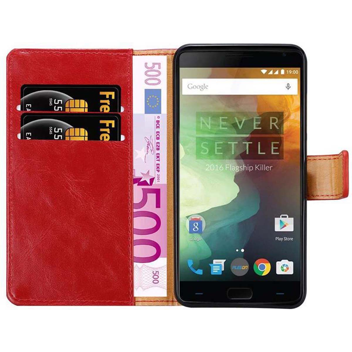 Custodia per telefono rossa con telefono, denaro e carte di credito. Lo schermo del telefono mostra Google e altre app.
