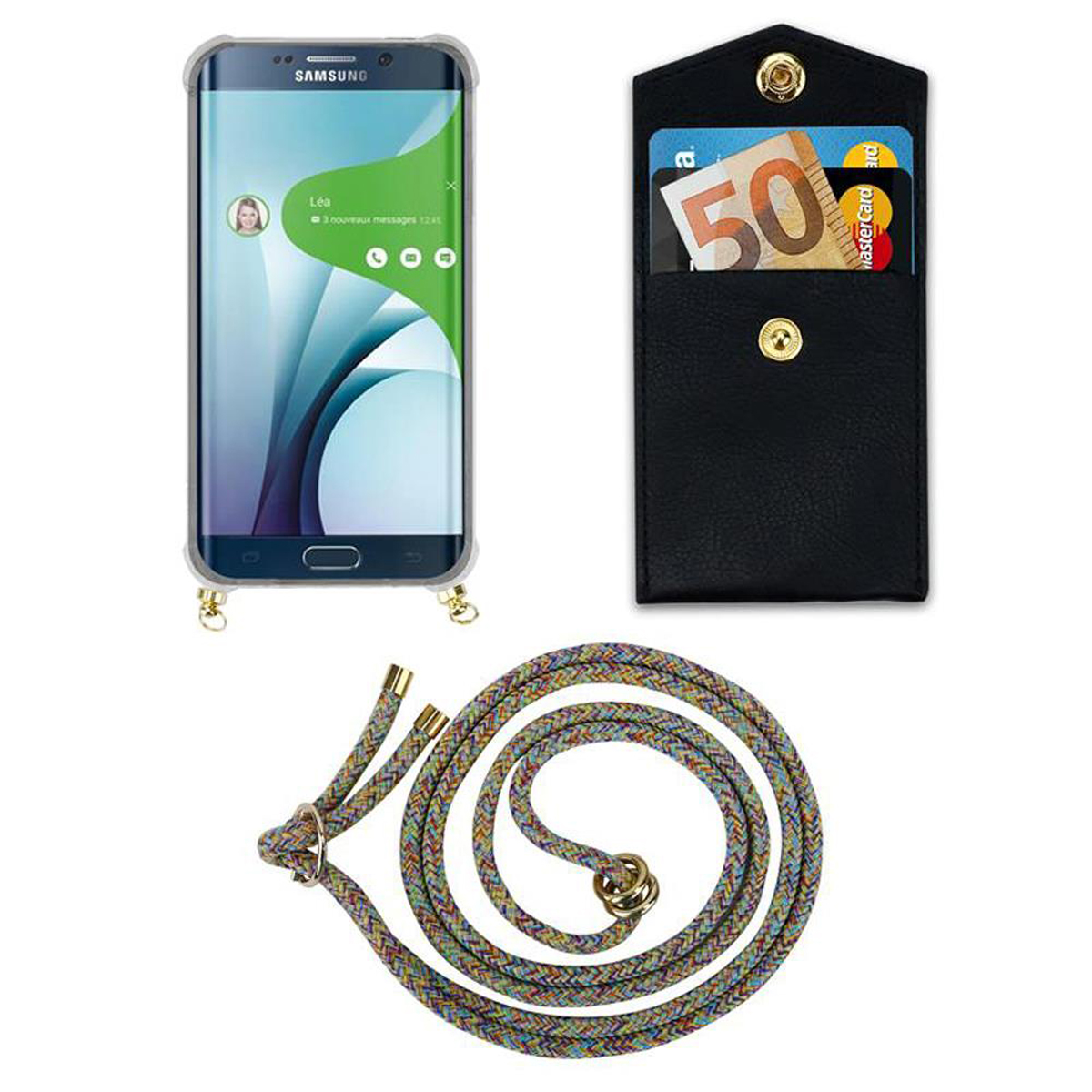 Telefono con messaggio sullo schermo. Custodia nera con denaro e carte. Cordino colorato.