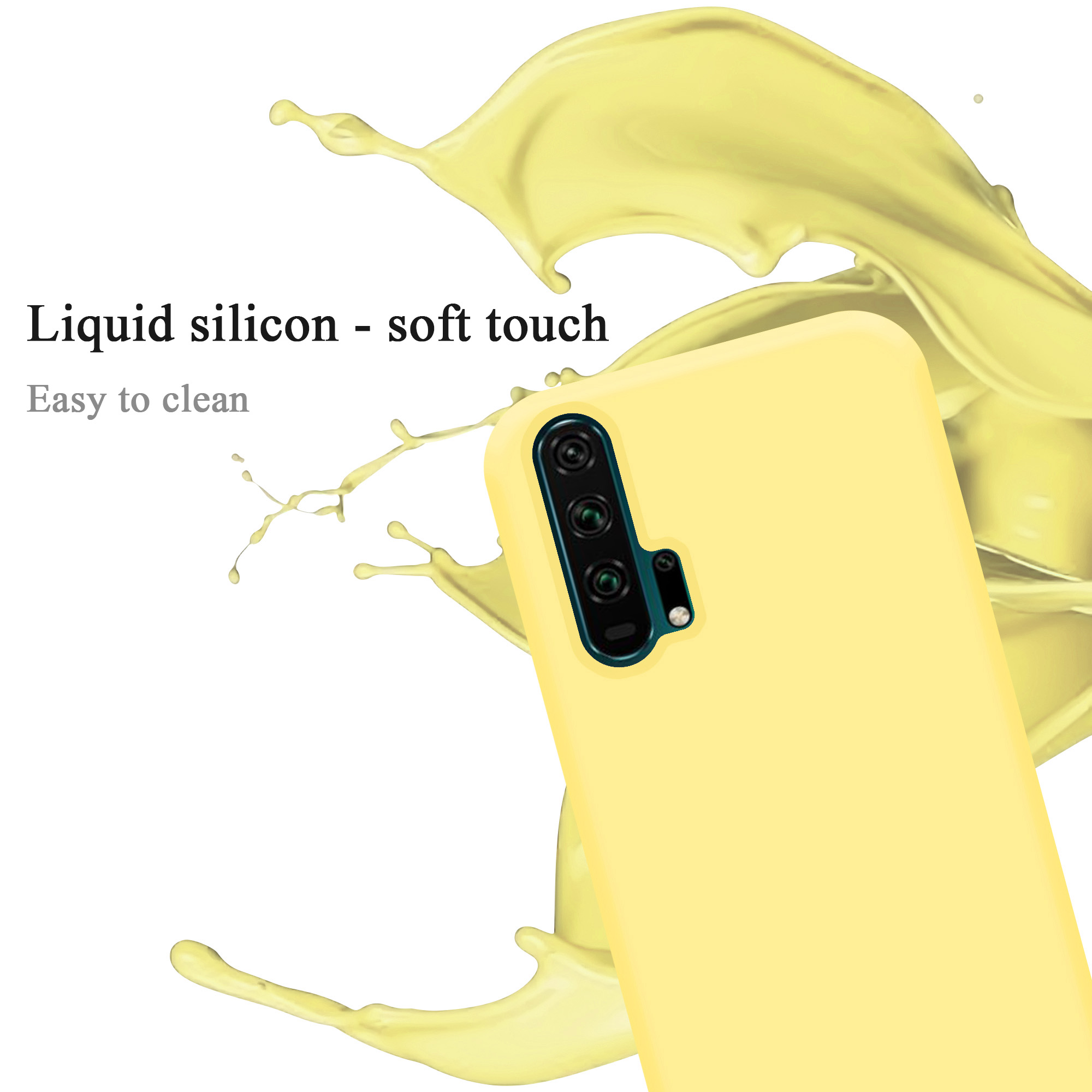 Gelbe Handyhülle mit Spritzer. Text: Flüssiges Silikon - Soft-Touch, leicht zu reinigen.