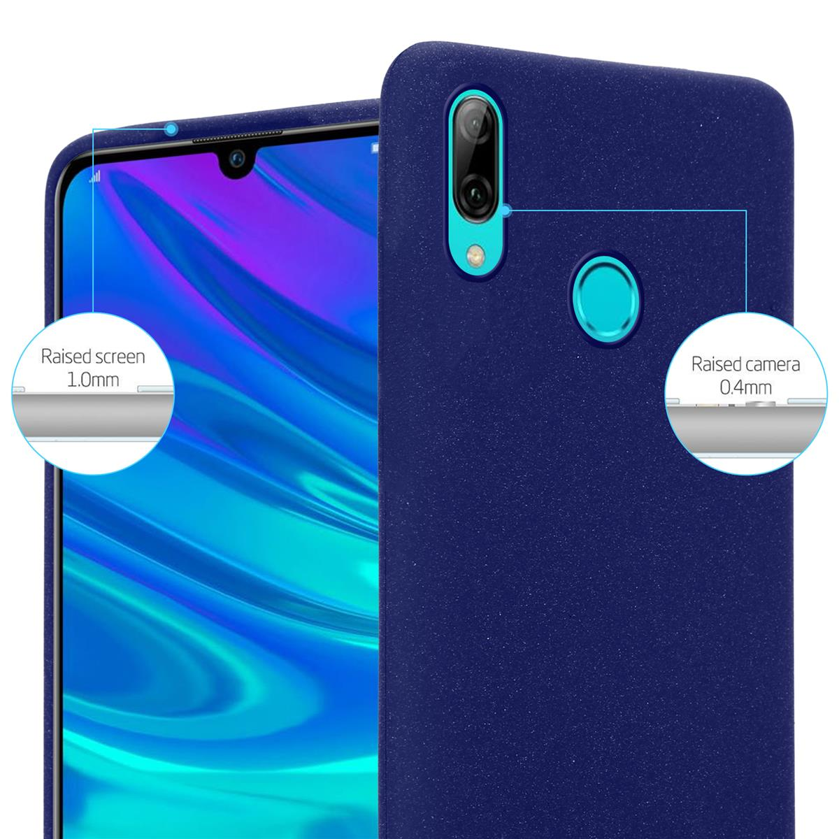 Primo piano di una custodia blu per telefono con schermo e fotocamera. Le annotazioni indicano le aree rialzate.