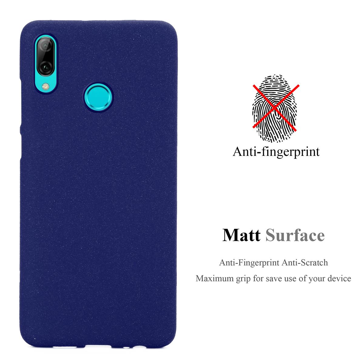 Una custodia blu per telefono viene mostrata, con caratteristiche anti-impronta e superficie opaca, e la fotocamera del telefono.